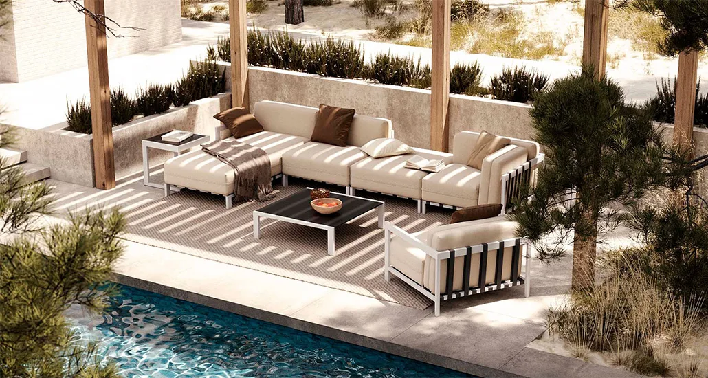 Bondi collection is a contemporary outdoor furniture with sofa, chaise lounge and coffee table with steel frame and is suitable for hospitality and contract projects.