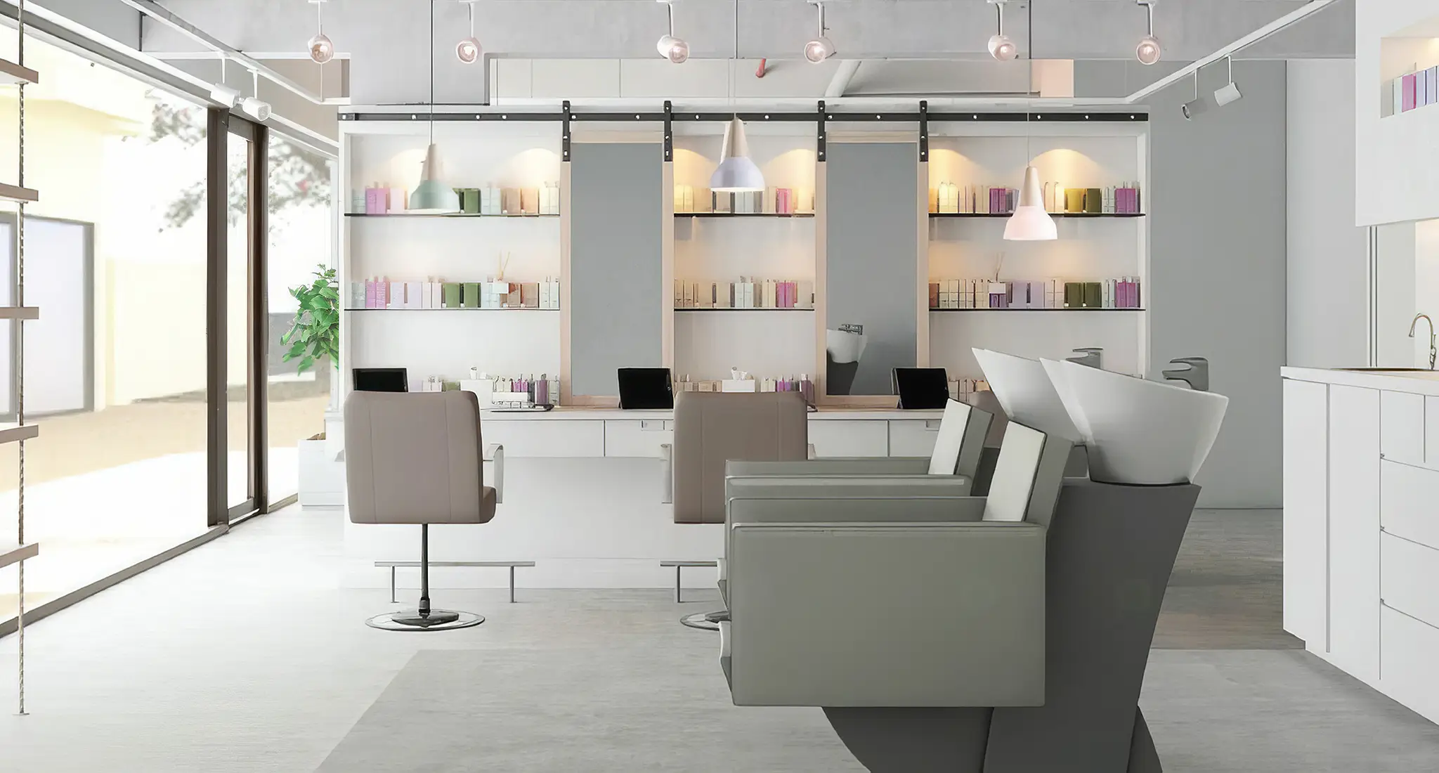 HER BAR BLOWDRY SALON in Abu Dhabi, showcasing a prominent white counter and stylish chairs.