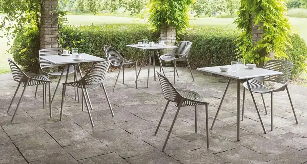 Niwa Chair is a contemporary outdoor dining chair with aluminium frame and is suitable for contract and hospitality spaces.